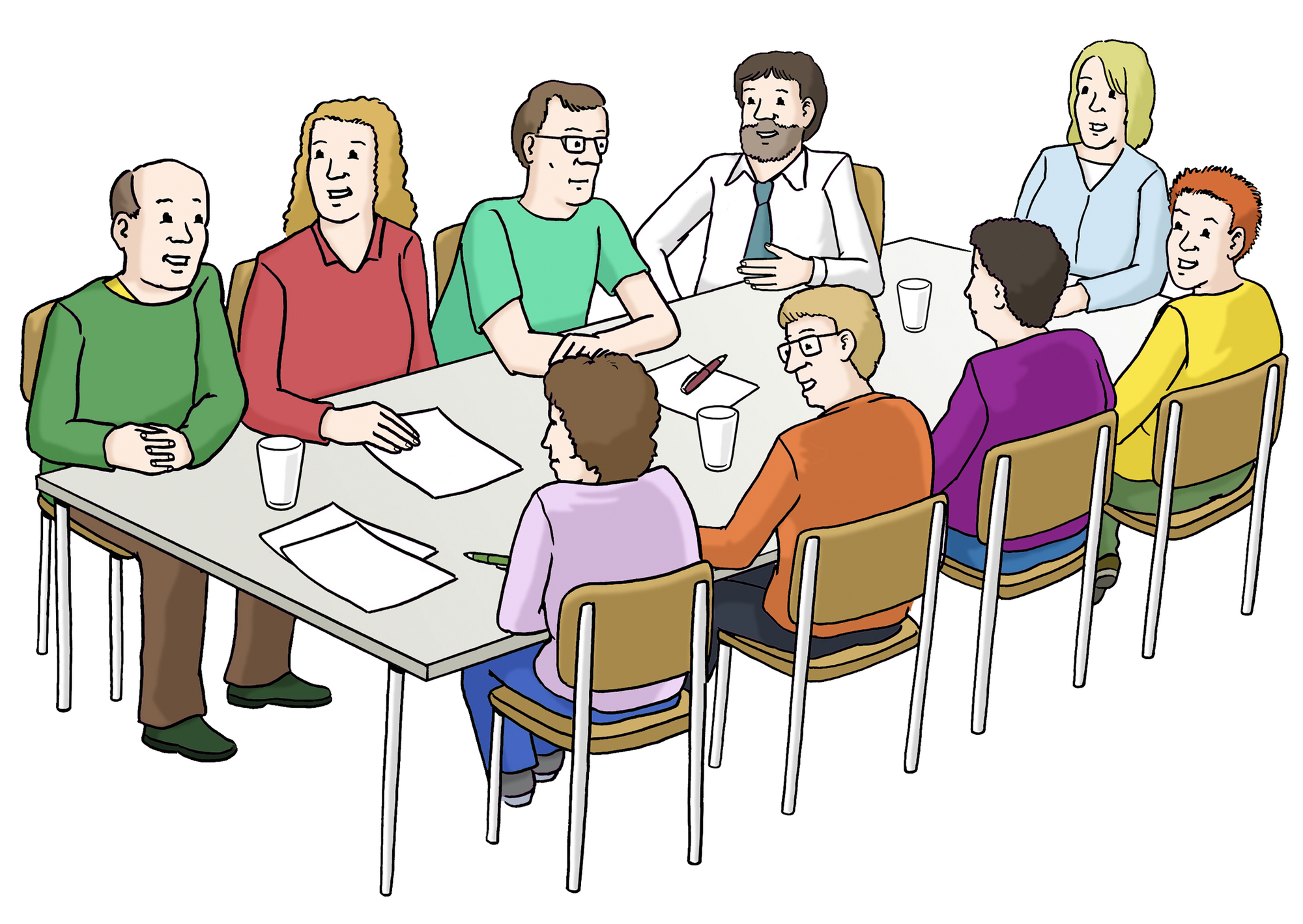 Zeichnung: Personen sitzen um eine Tisch, Sitzung